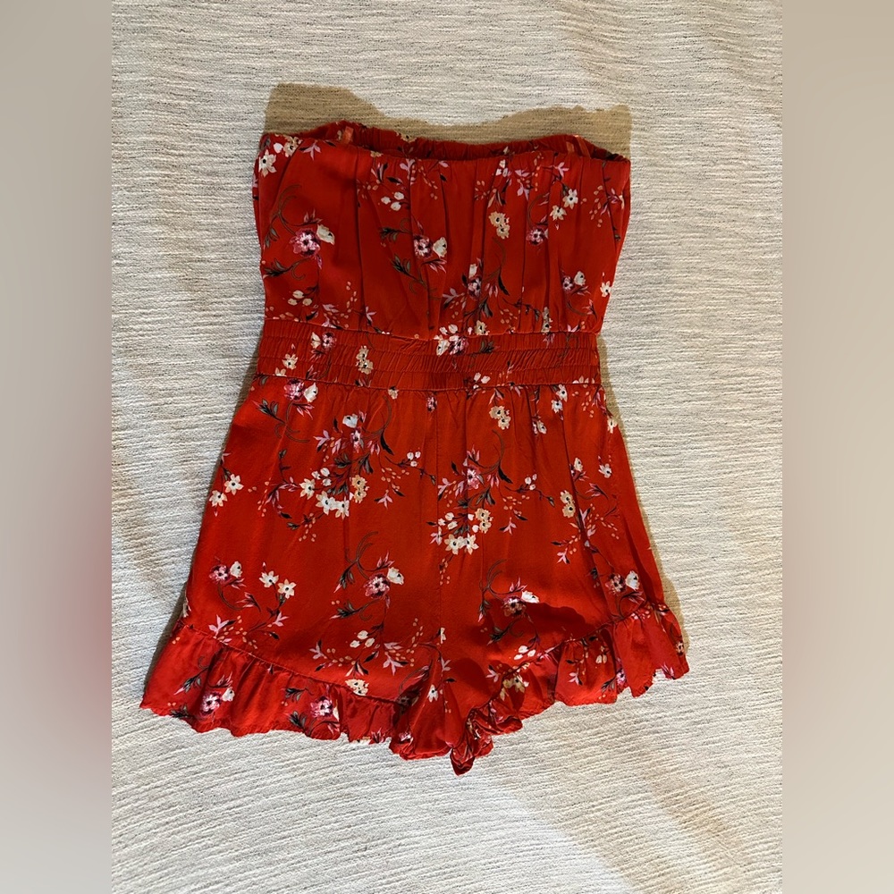 Red Floral Romper Elastic Waist - Picture 8 of 14